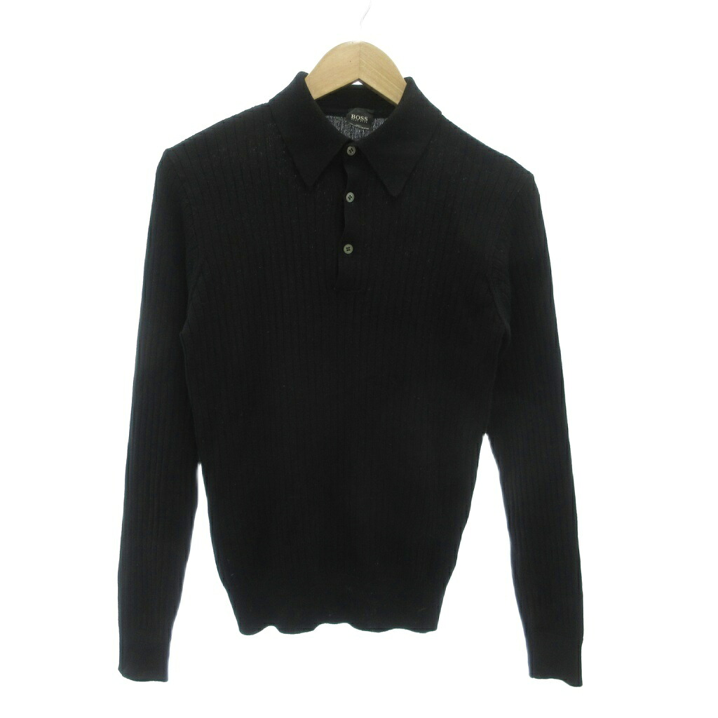 【中古】ヒューゴボス HUGO BOSS イタリア製 ニット セーター 48 長袖 リブ ポロカラー 黒 ブラック /NU ■ECA002 メンズ 【ベクトル 古着】 260303｜ブランド古着ベクトルプレミアム店