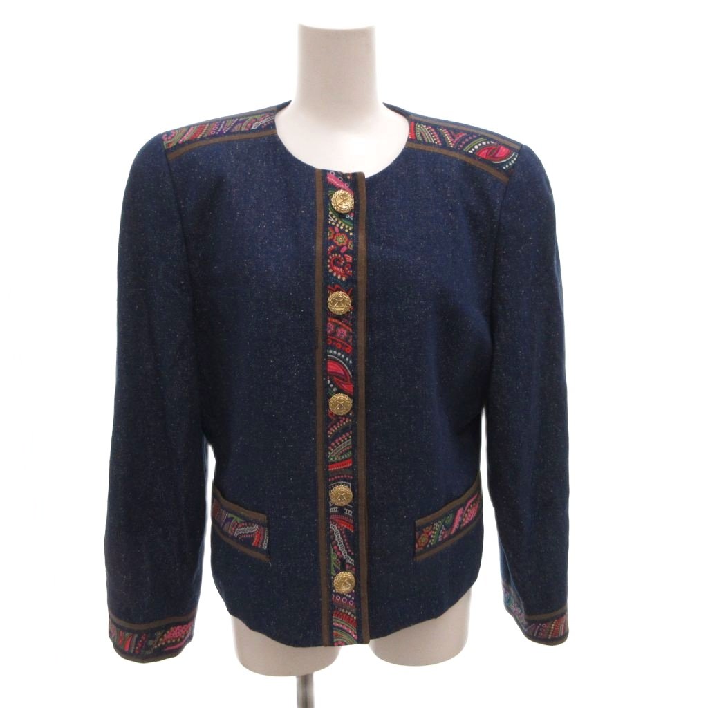 【中古】レオナール LEONARD FASHION デニム ノーカラージャケット 金ボタン プリント切替 11AR インディゴ /FF ■GY62 レディース 【ベクトル 古着】 260309