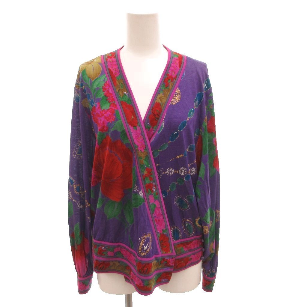 【中古】レオナール LEONARD FASHION カーディガン 花柄 総柄 シルク混 M 紫 パープル /FF ■GY62 レディース 【ベクトル 古着】 260308