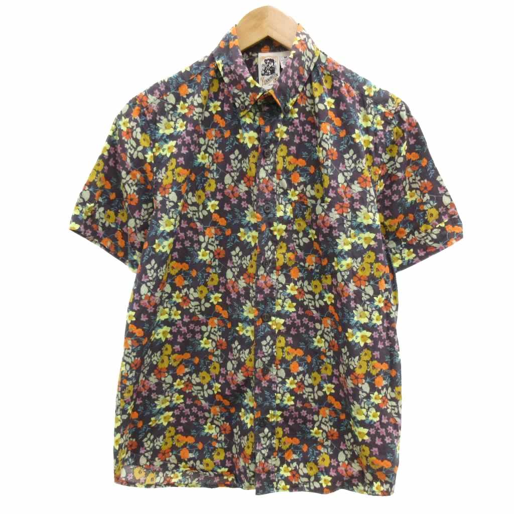 【中古】ケニントン KENNINGTON 80s ヴィンテージ ボタンダウンシャツ 半袖 花がら 総柄 M 紺 ネイビー マルチカラー /JS ■ECB001 メンズ 【ベクトル 古着】 260312