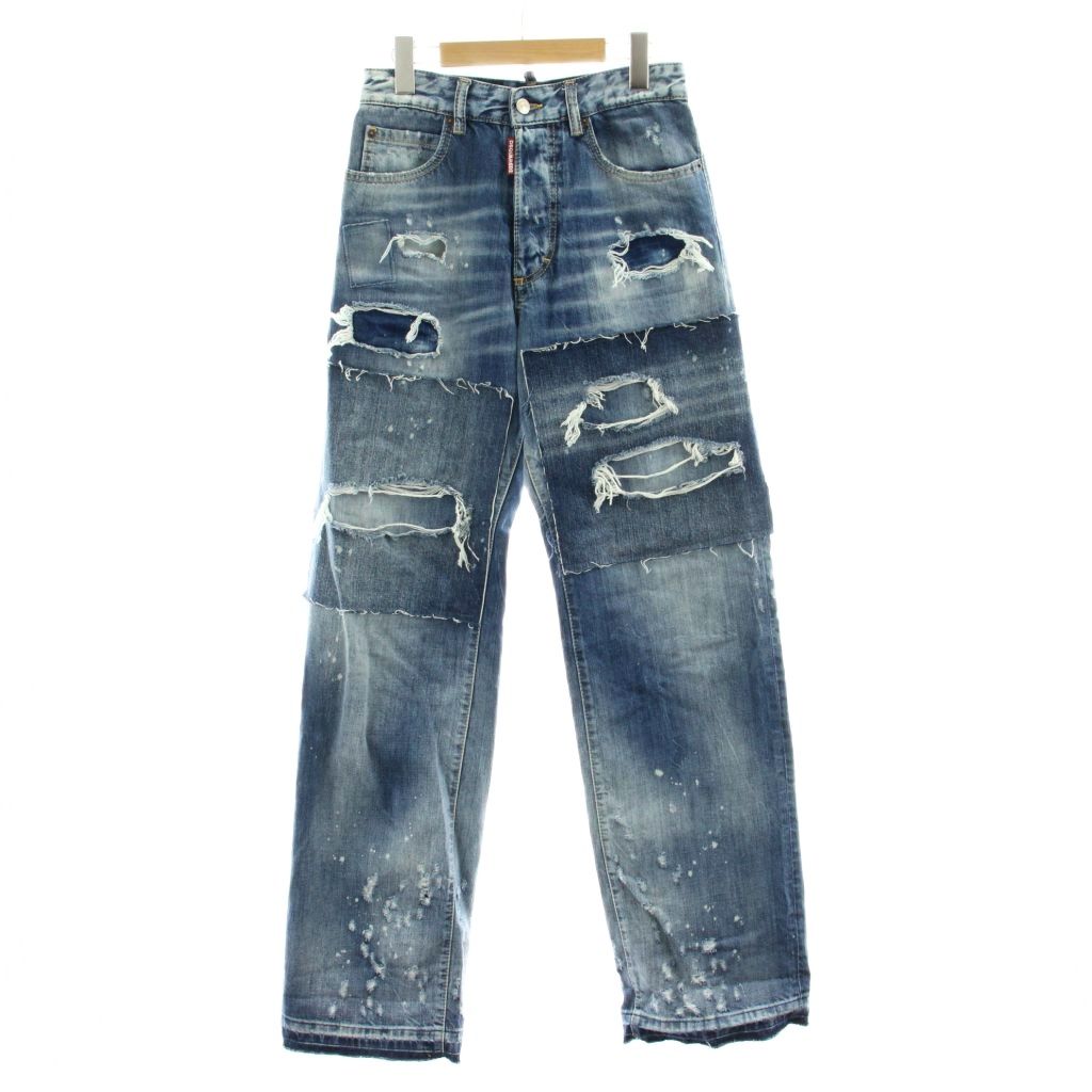 【中古】ディースクエアード DSQUARED2 パッチワーク ジーンズ デニムパンツ ストレート ダメージ加工 ボタンフライ 34 インディゴブルー S75LB1069D30011 /KU ■ECD002 レディース 【ベクトル 古着】 260312