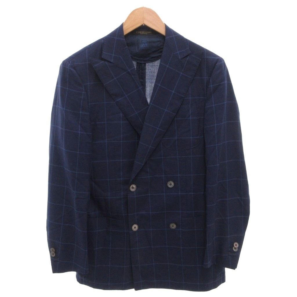 【中古】コルネリアーニ Corneliani テーラードジャケット ブレザー ダブル チェック ウール シルク混 46 青 ブルー /FF ■GY62 メンズ 【ベクトル 古着】 260317