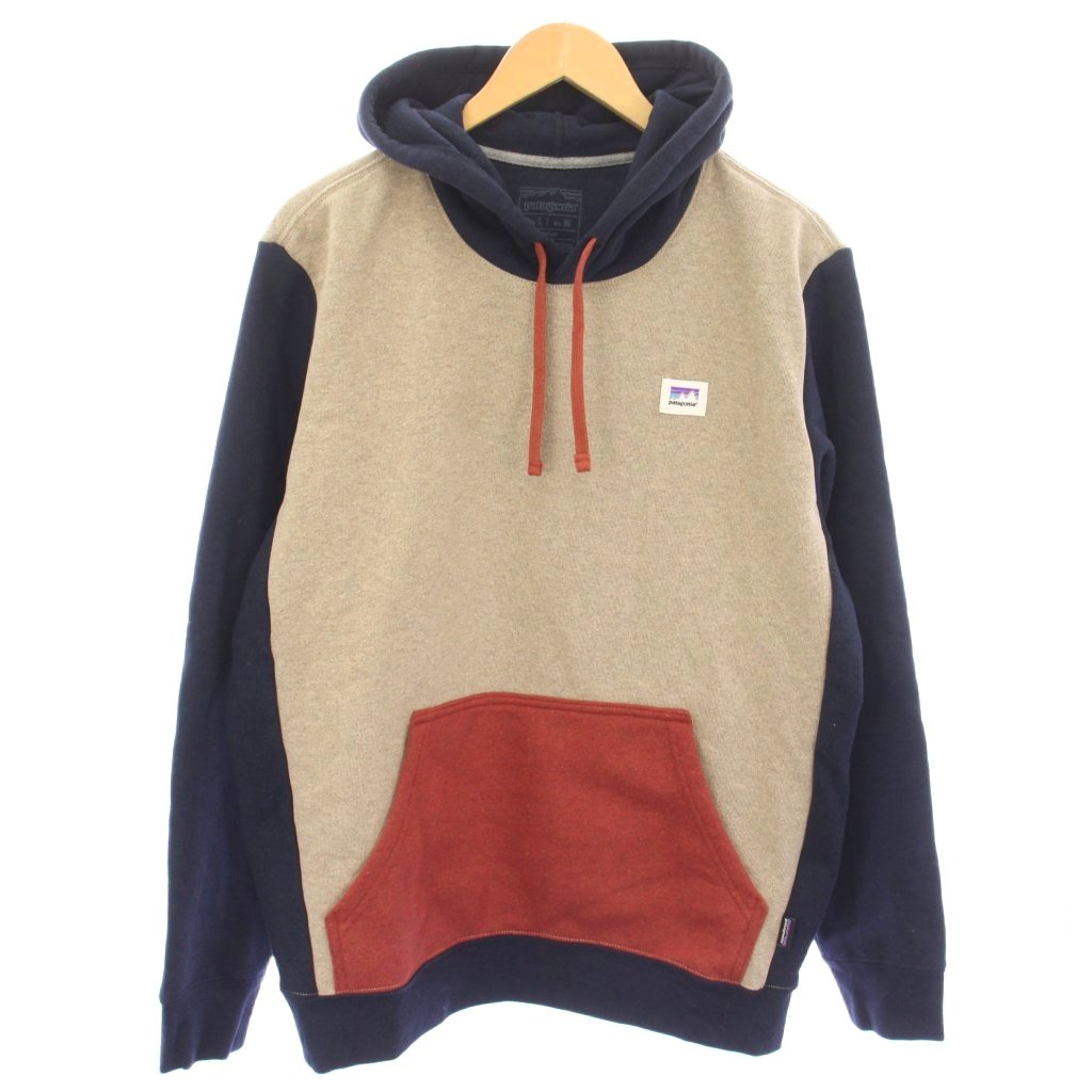 【中古】パタゴニア Patagonia ショップ ステッカー アップライザル フーディ パーカー プルオーバー 長袖 裏起毛 L ベージュ 紺 39696 /TK ■ECA003 メンズ 【ベクトル 古着】 260330｜ブランド古着ベクトルプレミアム店
