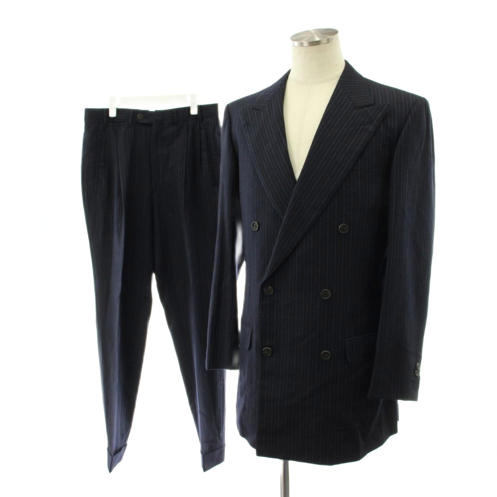 【中古】エルメネジルドゼニア Ermenegildo Zegna スーツ セットアップ テーラードジャケット ダブル パンツ スラックス ストライプ柄 ウール 48 紺 ネイビー /AN63 ■ECD003 メンズ 【ベクトル 古着】 260407