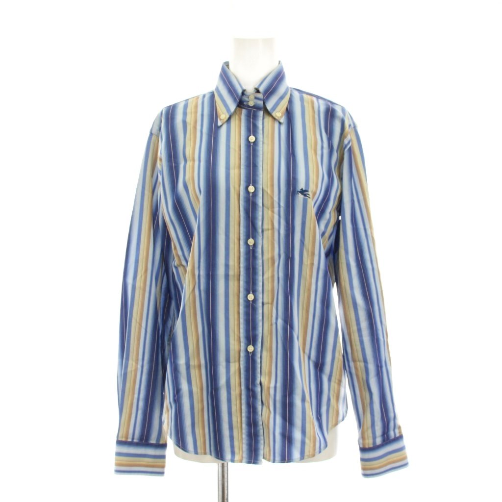 【中古】エトロ ETRO ボタンダウンシャツ ブラウス ストライプ 長袖 44 青 ブルー ベージュ /YM ■ECD003 レディース 【ベクトル 古着】 260406