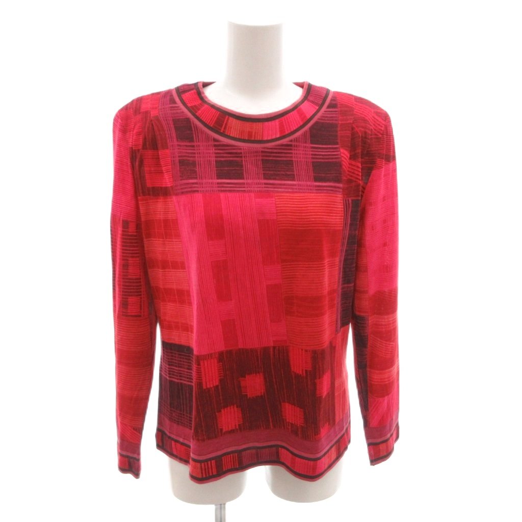 【中古】レオナール LEONARD カットソー ブラウス 総柄 シルク混 バックジップ 長袖 M 赤 レッド /FF ■GY62 レディース 【ベクトル 古着】 260411