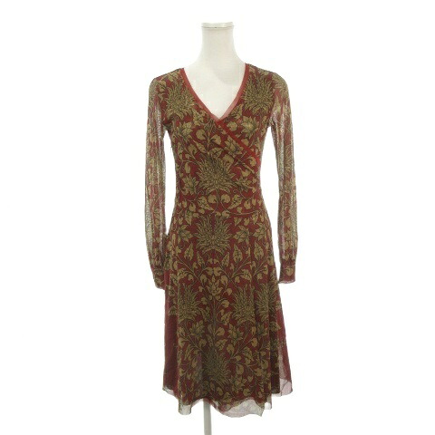 【中古】ヴィヴィアンタム VIVIENNE TAM ワンピース シアー チュールメッシュ XS 赤 ボルドー ゴールドカラー Vネック 長袖 花柄 /AH28 ■ECA004 レディース 【ベクトル 古着】 260415｜ブランド古着ベクトルプレミアム店