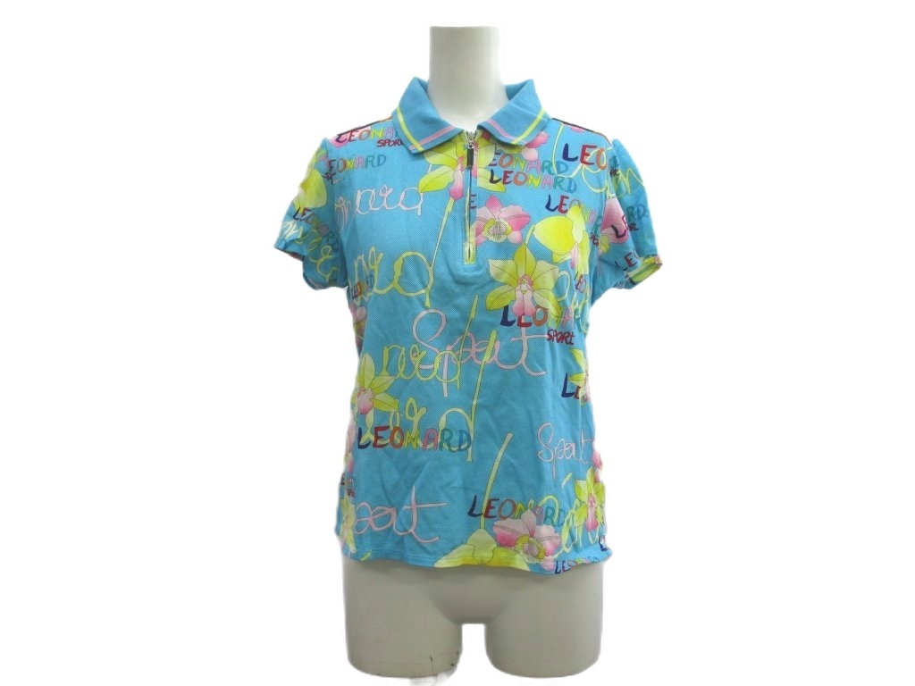 【中古】レオナール LEONARD スポーツシャツ L 天の原青色 黄 黄色 花柄ロゴタイプ柄 半袖 ジップアップ /NP ■ECD004 レディース 【ベクター 古着】 260508