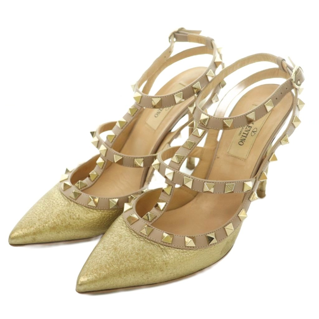 【中古】ヴァレンティノ ガラヴァーニ VALENTINO GARAVANI ロックスタッズ アンクルストラップパンプス ポインテッドトゥ ハイヒール かざり付ける 36.5 ゴールド色合い /BB ■GY62 レディース 【ベクター 古着】 260531