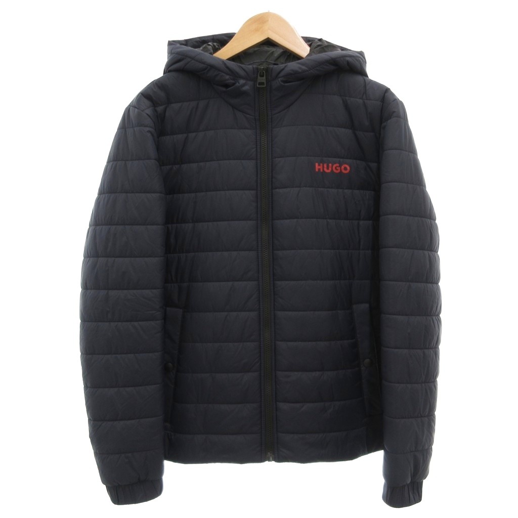 【中古】ヒューゴボス HUGO BOSS 中綿ジャケット フーデッド ジップアップ ロゴプリント S 紺 ネイビー 72555 /GV ■ECD005 メンズ 【ベクトル 古着】 260607|ブランド古着ベクトルプレミアム店