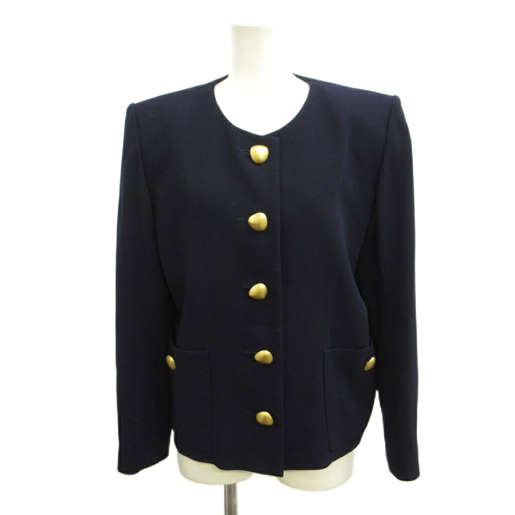 【中古】イヴサンローラン YVES SAINT LAURENT ノーカラージャケット 上着 ウール 34 ネイビー 紺 金ボタン ヴィンテージ ラウンドネック 長袖 /PP ■GY62 レディース 【ベクトル 古着】 260617|ブランド古着ベクトルプレミアム店