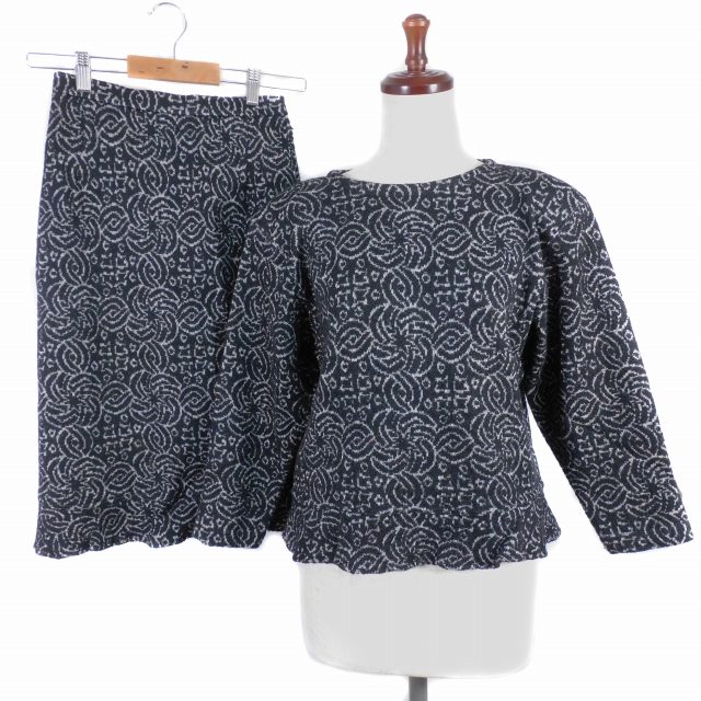 【中古】ハナエモリ HANAE MORI Knit セットアップ 上下 編み物 カットソー 七分袖 スコート 太陽面爆発 ひざ丈 羊毛 総柄 M 63-90 黒 黒いこと トップス ボトムス /AZ レディース 【ベクター 古着】 260528
