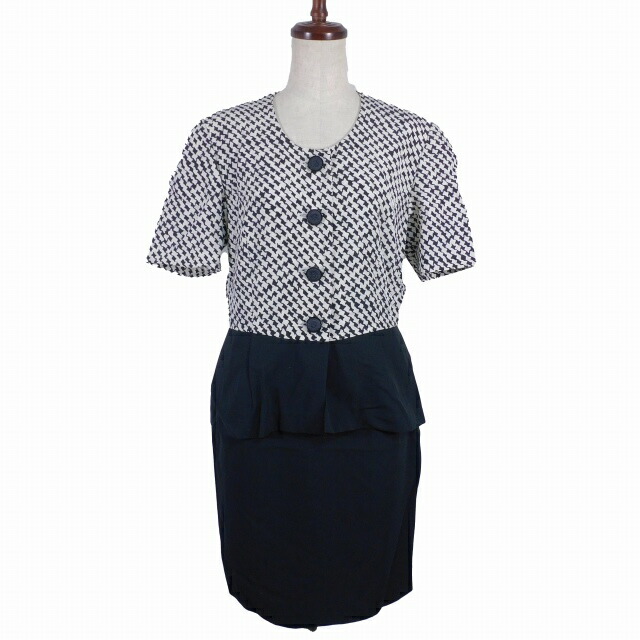 【中古】ハナエモリ HANAE MORI Boutique セットアップ 上下 上衣 否色つや 半袖 スコート きつい ひざ丈 ペプラム 総柄 9A3 黒 白 黒いこと 白いこと アウター ボトムス /AZ レディース 【ベクター 古着】 260527
