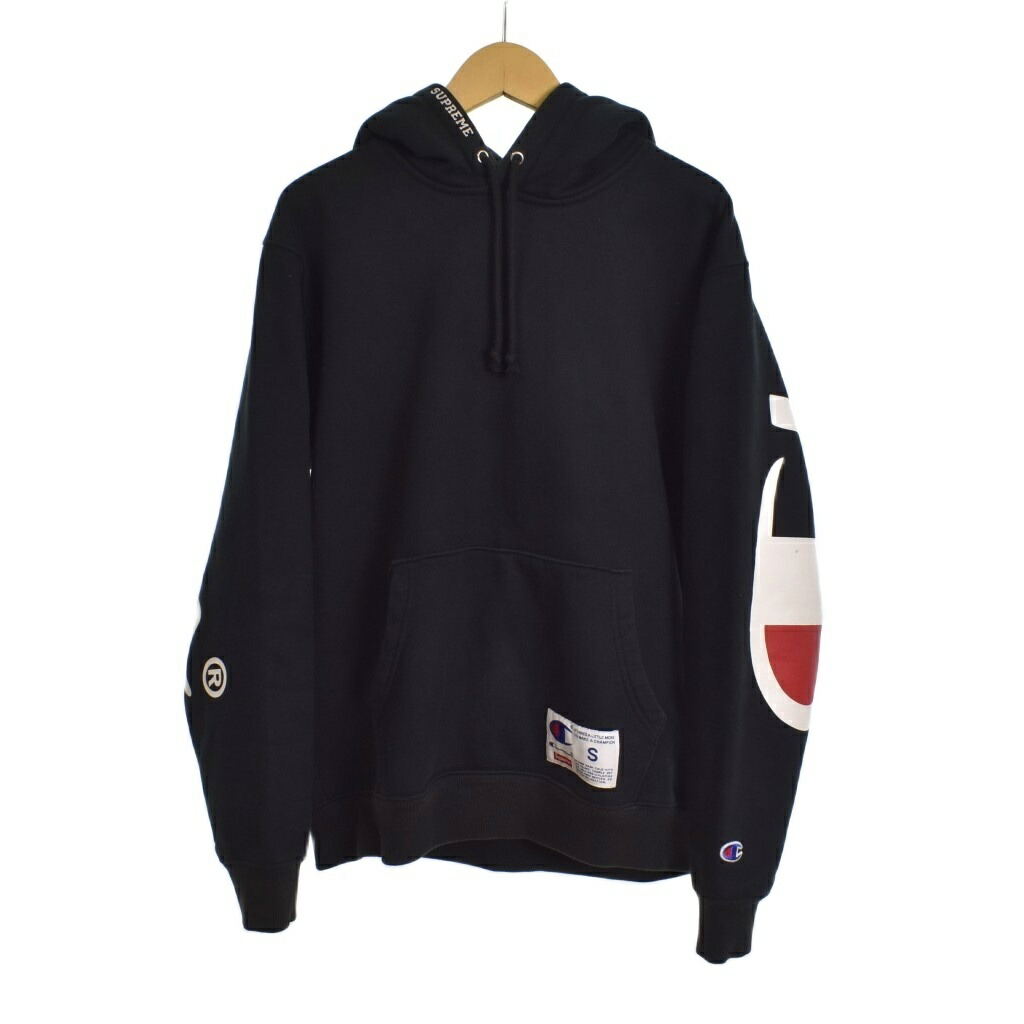 【中古】シュプリーム SUPREME はやりっ児 Champion 18SS Hooded Sweatshirt パーカー フーディー ロゴタイプ 刷り上げる S 黒 黒いこと ☆AA★ メンズ 【ベクター 古着】 251016