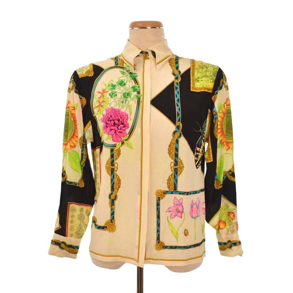 【中古】ジャンニヴェルサーチ ヴェルサーチェ GIANNI VERSACE シルク シャツ ブラウス 長袖 総柄 38 ベージュ レディース 【ベクトル 古着】 251230