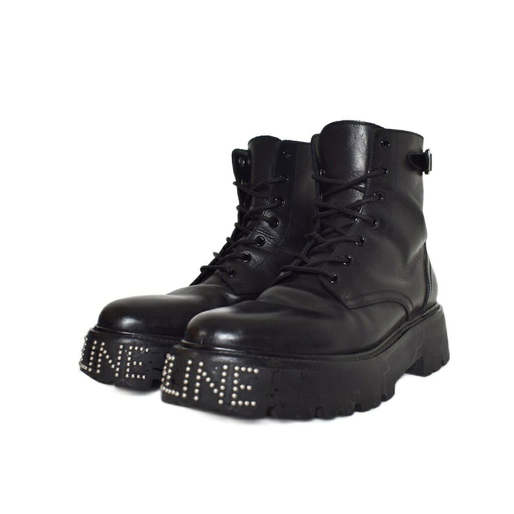 【中古】セリーヌ CELINE BULKY 朦朦たる レースアップブーツ ロゴスタッズ 44 黒 黒いこと ☆AA★ メンズ 【ベクター 古着】 260121