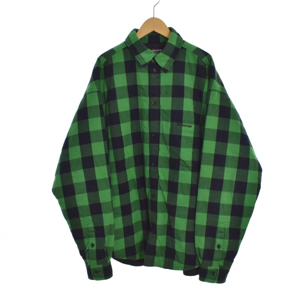 【中古】バレンシアガ BALENCIAGA 21年製 キルティッド バッファローチェック シャツ 長袖 44 緑 グリーン 676285 ☆AA★ 【ベクトル 古着】 260308｜ブランド古着ベクトルプレミアム店