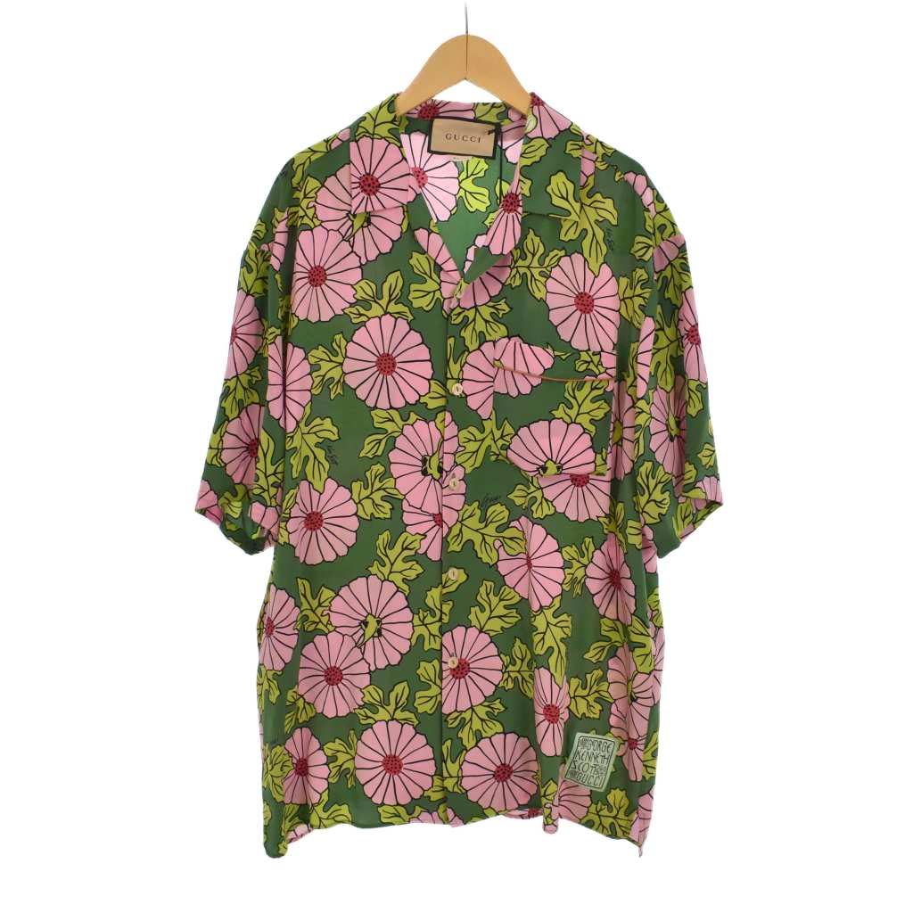 【中古】グッチ GUCCI × Ken Scott Floral Bowling Shirt フローラル 突き抜く プルオーバー 半袖 総柄 花柄 50 さくら色 緑 緑であること 649832 ZAGAK ☆AA★  【ベクター 古着】 260413