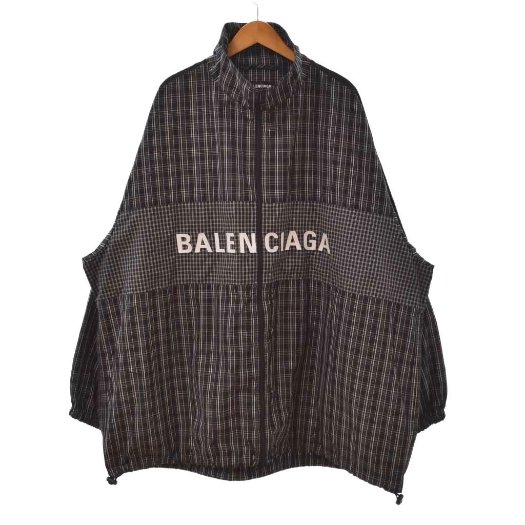 【中古】バレンシアガ BALENCIAGA 19SS ポプリンチェック トラックジャケット ロゴ刺繍 チェック柄 ブルゾン ハイネック 44 黒 ブラック 白 ホワイト JP57 2018 00181 メンズ 【ベクトル 古着】 260425|ブランド古着ベクトルプレミアム店