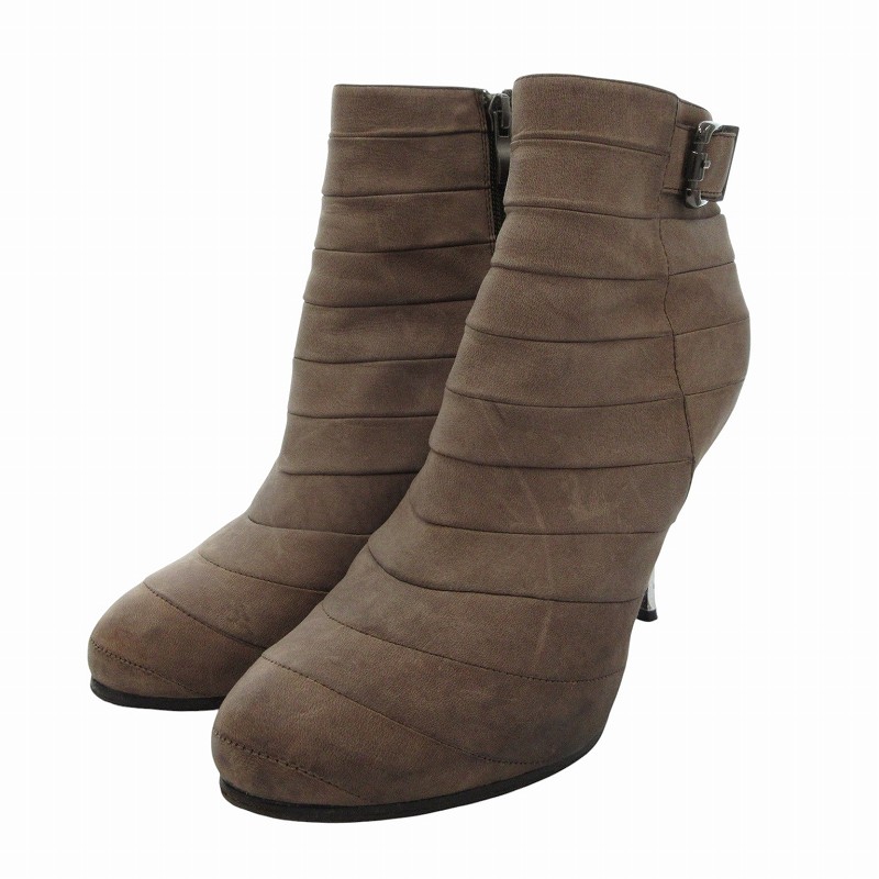 【中古】three hundred thirty days スリーハンドレットサーティーデイズ ショートブーツ ハイヒール サイドジップ ベルト 37 茶 ブラウン /FF レディース 【ベクトル 古着】 250415画像