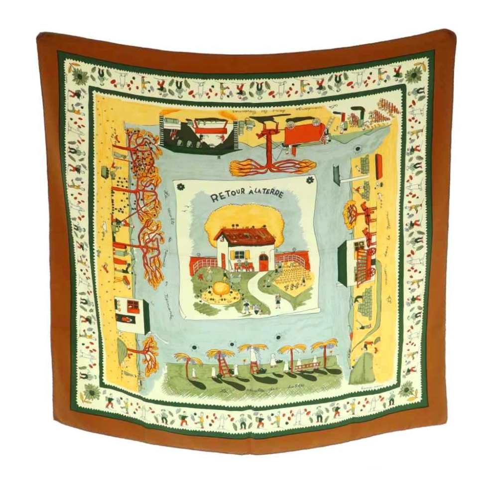 【中古】エルメス HERMES カレ90 RETOUR A 天使の都市 TERRE 出どころに帰る えり巻き 地絹 総柄 茶 マルチ色つや /MI ■os ■OH レディース 【ベクター 古着】 260330