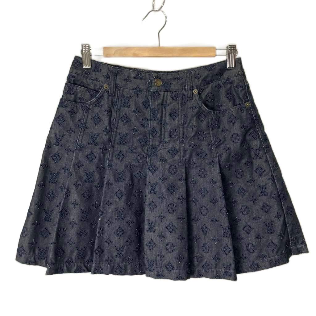 【中古】ルイヴィトン LOUIS VUITTON パンチングモノグラムスカート ジーンズ 筋目 ギャザー 36 インディゴブルー ☆AA★ レディース 【ベクター 古着】 260413