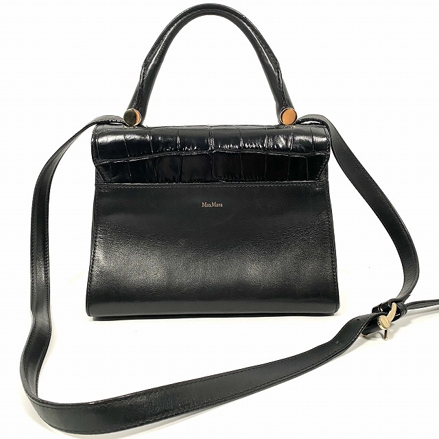 【中古】マックスマーラ MAX MARA 2WAY ハンドバッグ ショルダーバッグ ロゴ クロコ型押し レザー 斜め掛け 黒 ブラック レディース 【ベクトル 古着】 240925|ブランド古着ベクトルプレミアム店