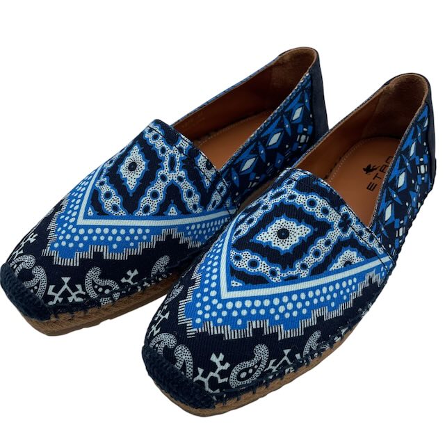 【中古】エトロ ETRO スリッポン ローファー エスパドリーユ ペイズリー柄 総柄 スペイン製 ブルー系 39 24cm相当 保存袋付き メンズ 【ベクトル 古着】 260421|ブランド古着ベクトルプレミアム店