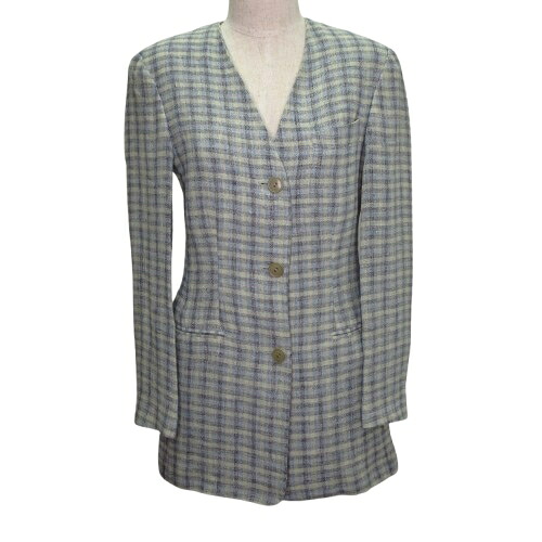 【中古】エンポリオアルマーニ EMPORIO ARMANI 長袖 朱夏上衣 否色つや 透かし彫り柄 背抜き リネン 38 M大きさ好いかげんに 青碧系 k385710 0417 レディース 【ベクター 古着】 260417