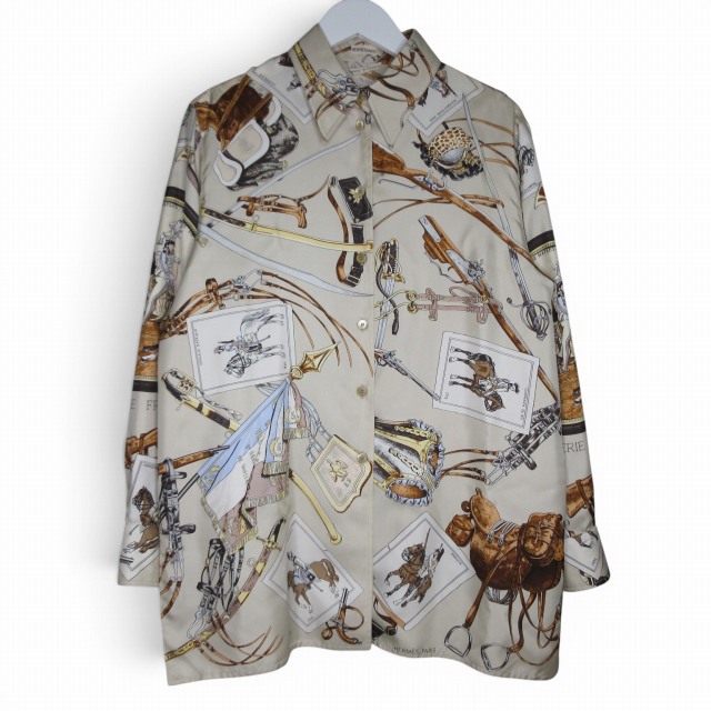 【中古】エルメス HERMES 美品 マルジェラ期 フランス騎兵柄 シルクシャツ ブラウス 長袖 ベージュ系 40 Lサイズ相当 k4754170 レディース 【ベクトル 古着】 260717｜ブランド古着ベクトルプレミアム店