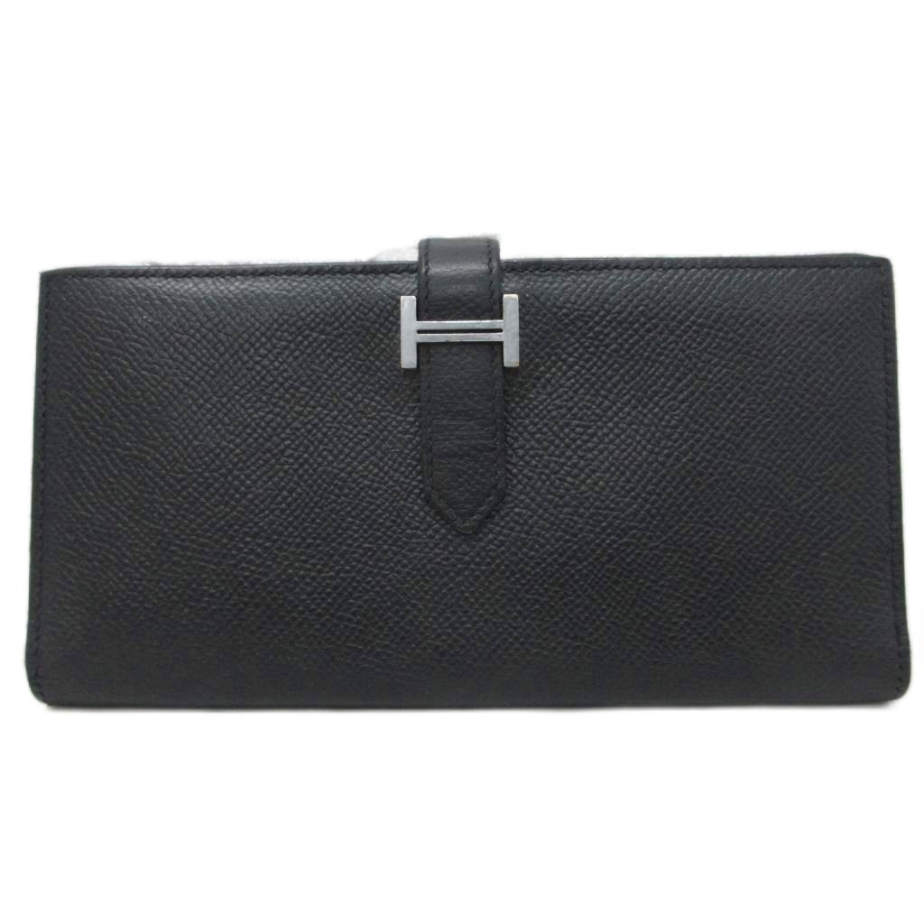 【中古】エルメス HERMES ベアン スフレ P目じるし Hロゴタイプ 長紙入れ 二つ折り ウォレット 御釣り入れ有 しろがね色金具 黒 黒いこと しろがね色金具 ☆AA★  【ベクター 古着】 260314