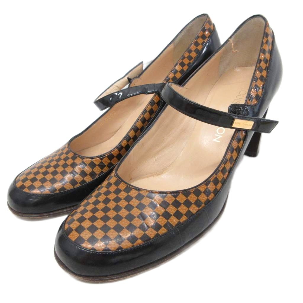 【中古】ルイヴィトン LOUIS VUITTON ダミエ パンプス メリージェーン ラウンドトゥ ハイヒール チャンキーヒール 36.5 23.5珊 黒 黒いこと 点火装置赤銅色 ■IBO93 レディース 【ベクター 古着】 260401