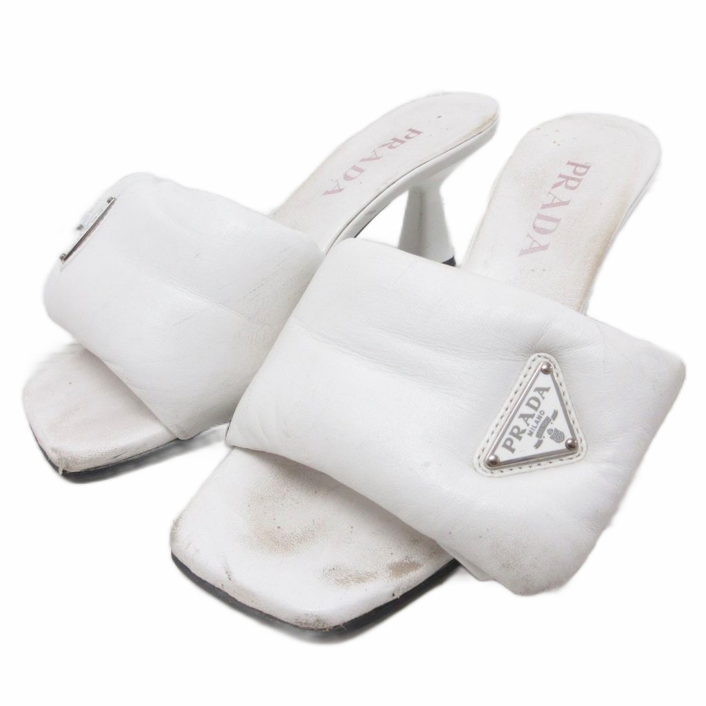 【中古】プラダ PRADA ソフトパテッド ロゴタイプ サンダル ミュール 踵 ３角形ロゴタイプ 踵 なめし革 なめし革 37 23.5糎 白 白いこと ■IBO93 レディース 【ベクター 古着】 260507