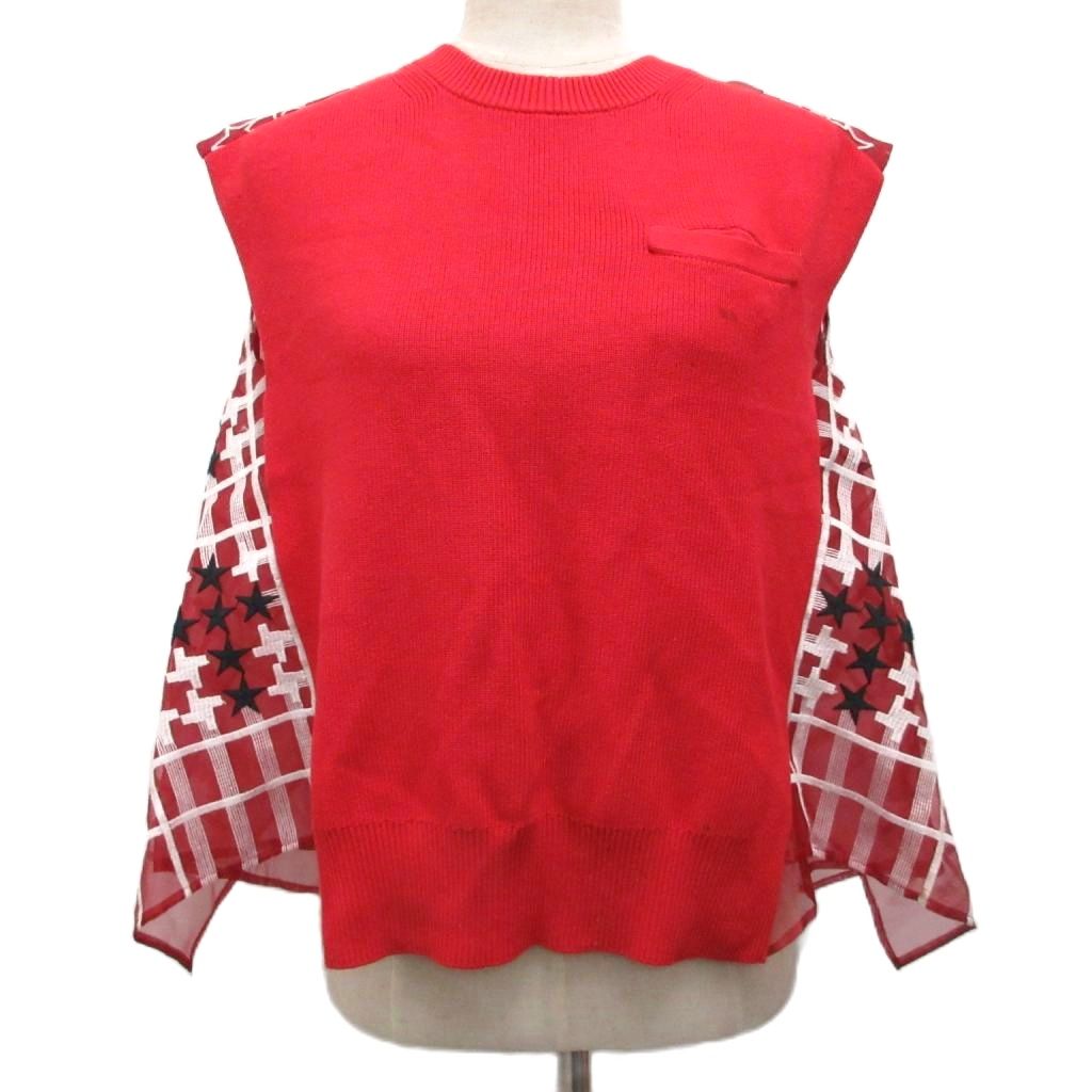 【中古】サカイ sacai 編み物 プルオーバー 限りない ノースリーブ ロゴタイプ刺しゅう 星柄 うつり変わり 赤 赤いこと ■IBO96 レディース 【ベクター 古着】 260509 セーター-トップス-ニット・セーター