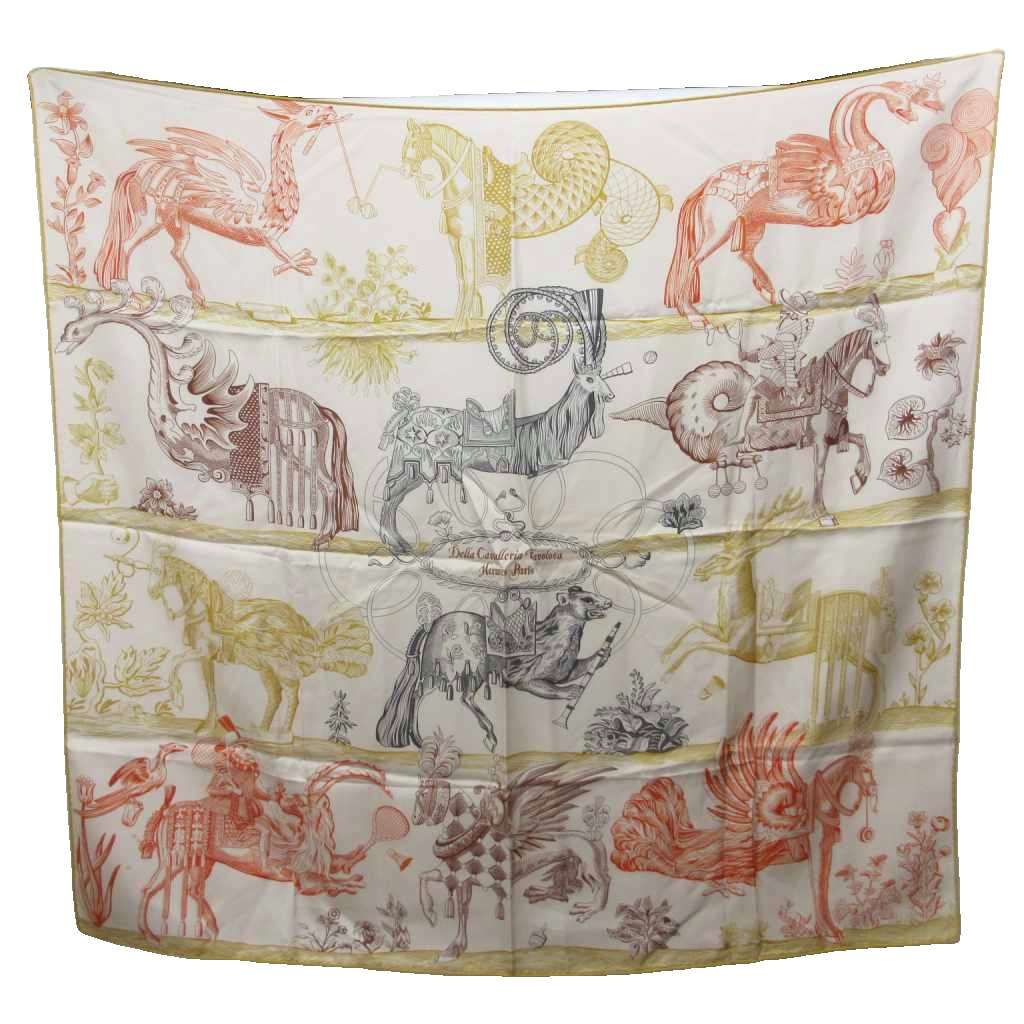 【中古】エルメス HERMES カレ90 ダブル人間の顔 DELLA CAVALLERIA FAVOLOSA リヴァーシブル えり巻き 袈裟 総柄 絹 地絹100% ベージュ マルチ色つや レディース 【ベクター 古着】 260516