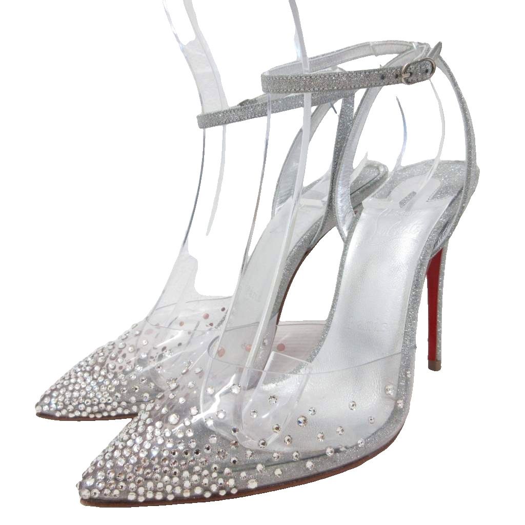 【中古】クリスチャンルブタン Christian louboutin 美品 SPIKAQUEEN 100 パンプス ポインテッドトゥ ハイヒール ピンヒール アンクルストラップ クリア ビジュー ラインストーン 36.5 シルバーカラー レディース 【ベクトル 古着】 260613｜ブランド古着ベクトルプレミアム店
