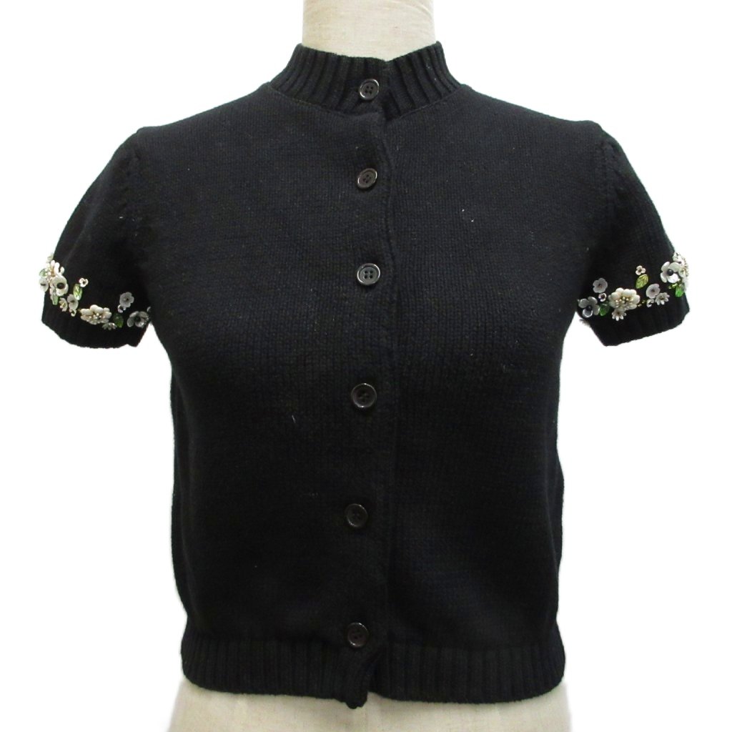 【中古】セブンテンバイミホカワヒト SEVEN TEN by MIHO KAWAHITO 24SS ビジューショートスリーブカーディガン 半袖 コットンニット お花 S 黒 ブラック 8S203 【ベクトル 古着】 260705｜ブランド古着ベクトルプレミアム店