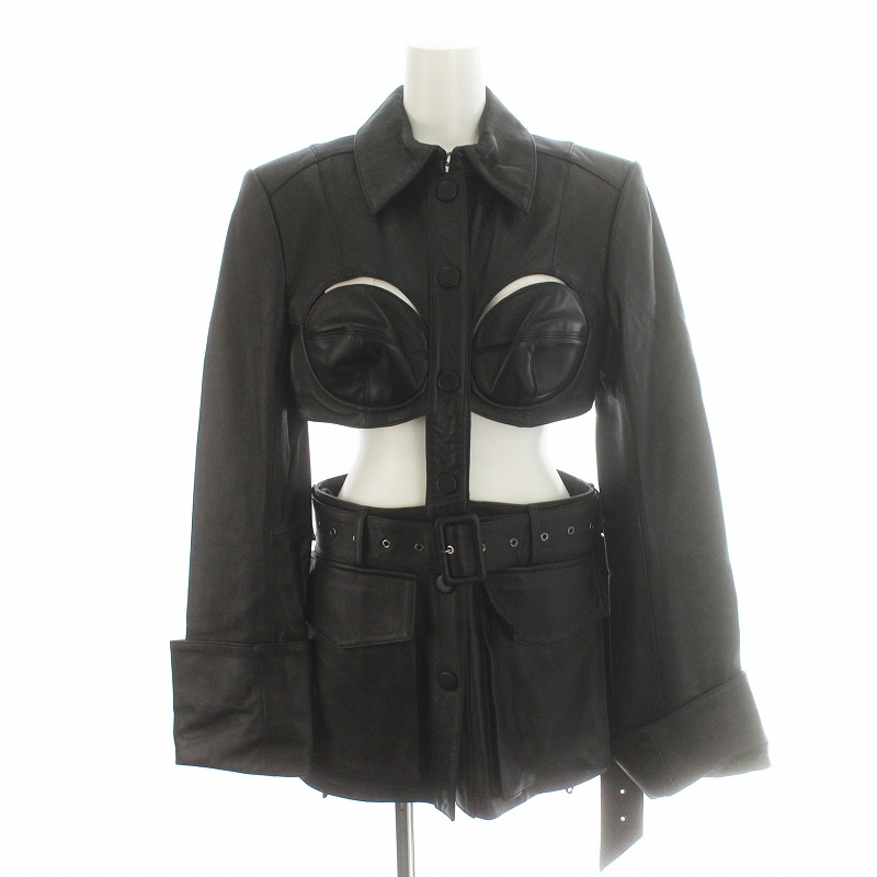 【中古】未使用品 エイチ&エム H&M rokh カットアウトレザージャケット 変形 革ジャン ベルト アウター US S 黒 ブラック /DK レディース 【ベクトル 古着】 250114