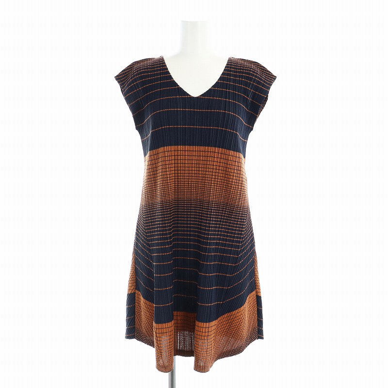 【中古】プリーツプリーズ PLEATS PLEASE イッセイミヤケ ISSEY MIYAKE ワンピース ノースリーブ ミドル ひざ丈 膝丈 ボーダー 総柄 グラデーション 3 L オレンジ 紺 ネイビー PP03-JT856 ■GY12 /MQ レディース 【ベクトル 古着】 250314