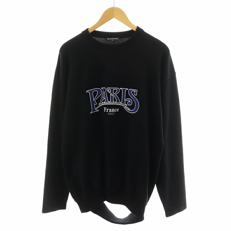 【中古】バレンシアガ BALENCIAGA ニット セーター 長袖 カッティング PARIS刺繍 M 黒 ブラック 485691 T1398 /AN21 ■GY12 メンズ 【ベクトル 古着】 250715