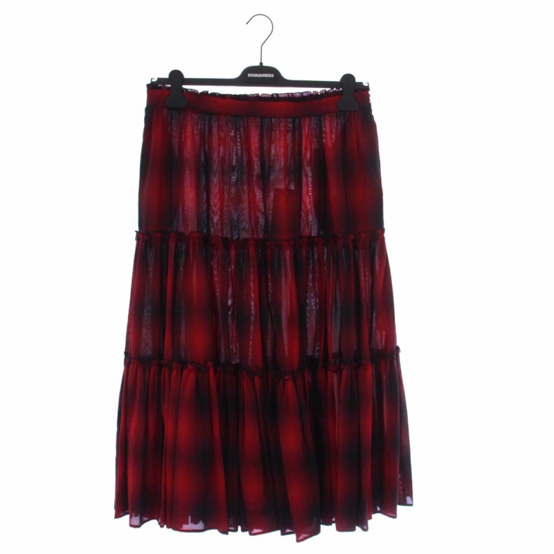 【中古】未使用品 ディースクエアード DSQUARED2 ロングフレアスカート ティアード チェック 42 赤 黒 S75MA0825 /KH ■PN ■GY29 レディース 【ベクトル 古着】 250728|ブランド古着ベクトルプレミアム店
