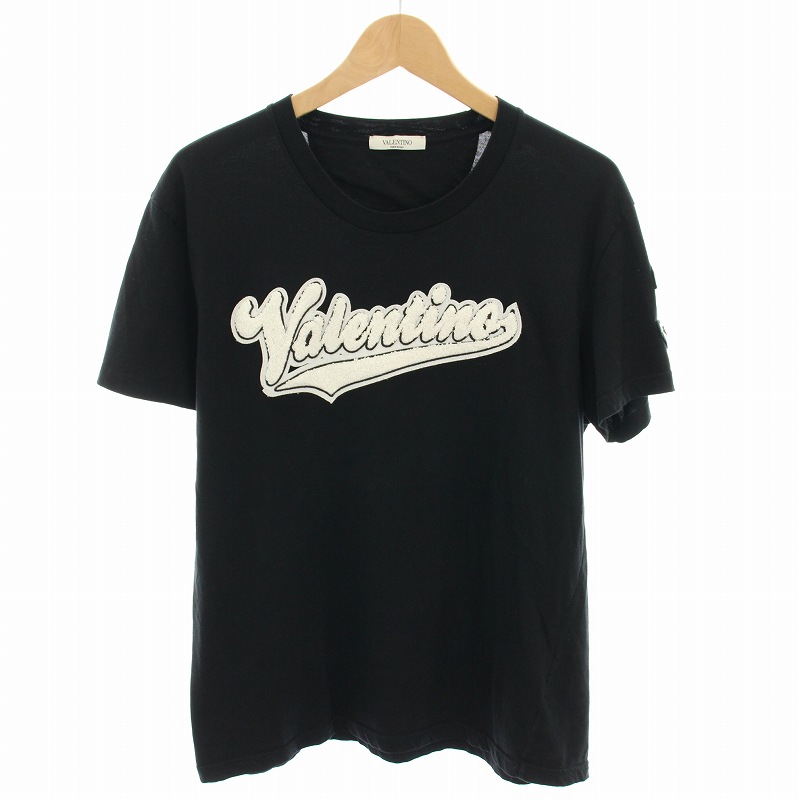 【中古】ヴァレンティノ ヴァレンチノ VALENTINO パイルカレッジロゴTシャツ カットソー クルーネック 半袖 ワッペン 刺繍 S 黒 ブラック 白 ホワイト PV3MG10Z3LE /YT メンズ 【ベクトル 古着】 250902