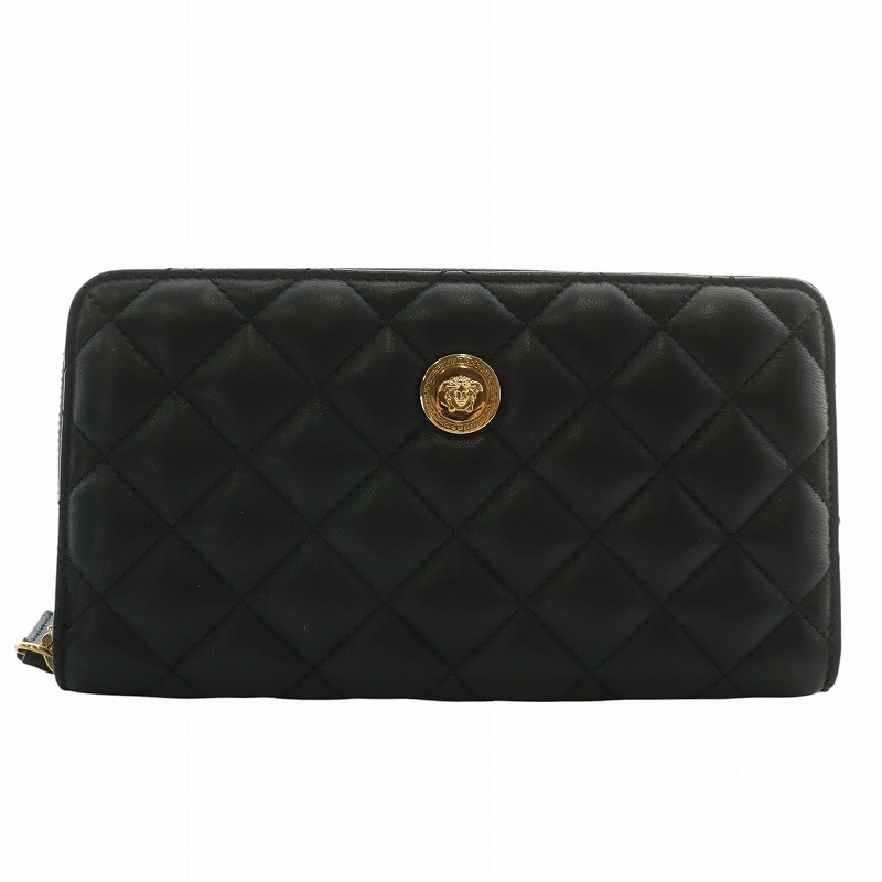 【中古】ヴェルサーチ ヴェルサーチェ VERSACE 長紙入れ ラウンドジッパー なめし革 キルティング メデューサ ロゴタイプ ゴールド金具 黒 黒いこと /XZ ■GY18 レディース 【ベクター 古着】 250915