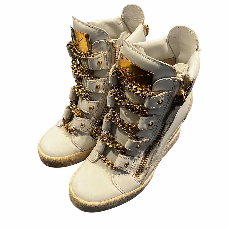 【中古】ジュゼッペザノッティデザイン GIUSEPPE ZANOTTI DESIGN ハイヒール ジップ チェーン ハイカットスニーカー 36 ホワイト×ゴールド レディース 【ベクトル 古着】 250918|ブランド古着ベクトルプレミアム店
