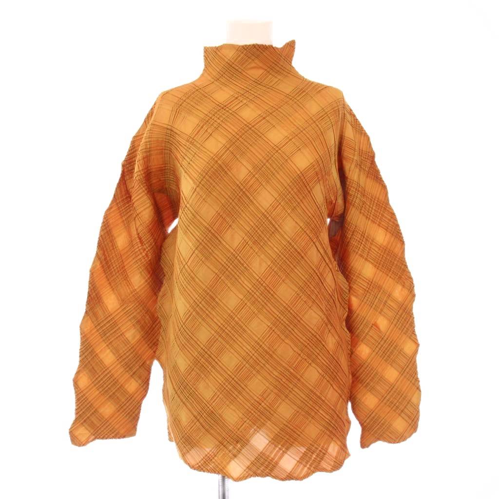 【中古】イッセイミヤケ ISSEY MIYAKE カットソー 長袖 ハイネック チェック柄 プリーツ ストレッチ M オレンジ /BB レディース 【ベクトル 古着】 251025｜ブランド古着ベクトルプレミアム店