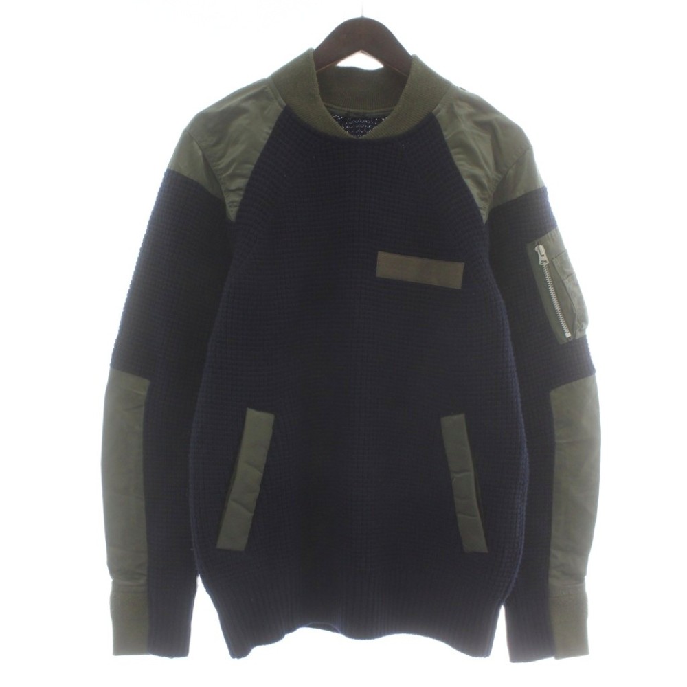 【中古】サカイ sacai MA-1 ニット セーター ウール ナイロン 切り替え 中綿 長袖 プルオーバー 1 S 紺 ネイビー カーキ 20-02359M /XZ ■GY18 メンズ 【ベクトル 古着】 260204