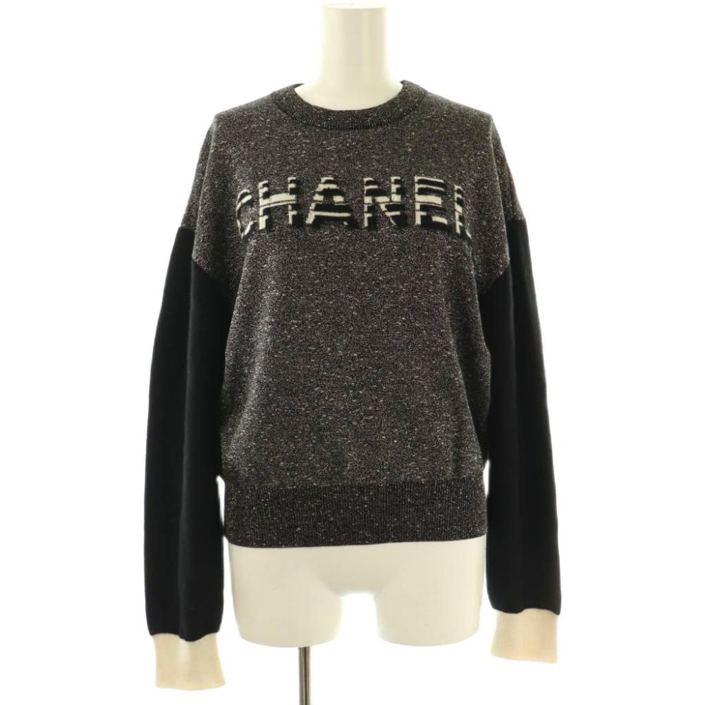 【中古】シャネル CHANEL P62886K48477 Cashmere Logo Knit ニット セーター 長袖 カシミヤ混 36 黒 アイボリー ブラック /NR ■OS レディース 【ベクトル 古着】 260204｜ブランド古着ベクトルプレミアム店
