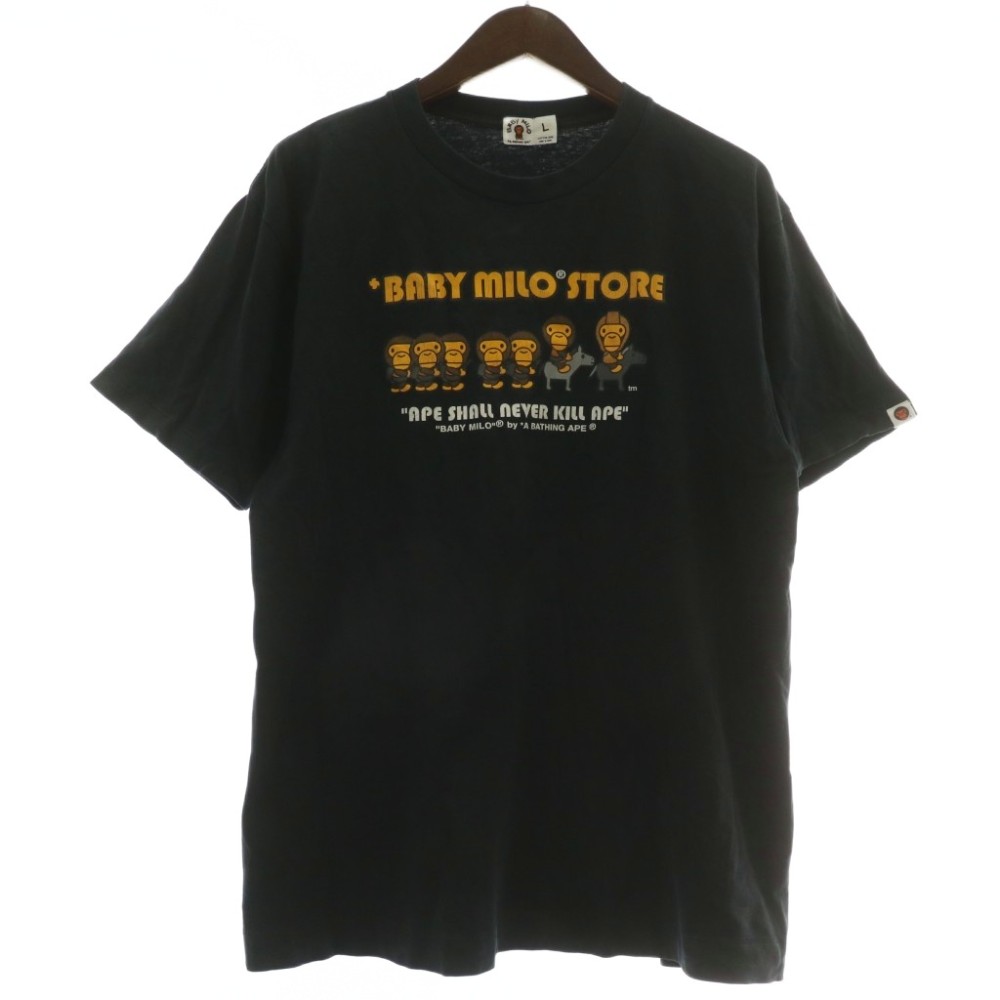 【中古】アベイシングエイプ A BATHING APE Tシャツ カットソー 半袖 クルーネック ベイビーマイロ BABY MILO ロゴ プリント L 黒 ブラック /XZ ■GY01 メンズ 【ベクトル 古着】 260310