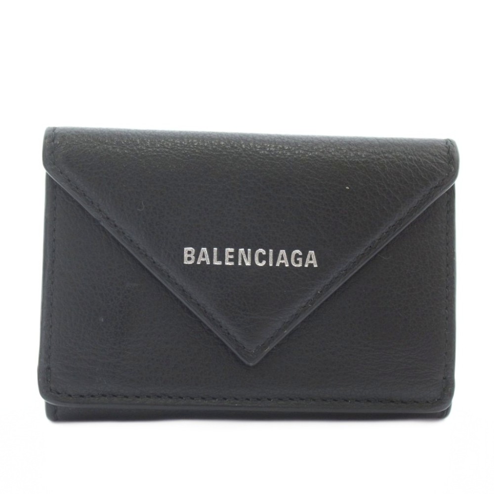 【中古】バレンシアガ BALENCIAGA 調査報告 ミニ ウォレット 紙入れ 三つ折り なめし革 ロゴタイプ 黒 黒いこと /XZ ■OH ■GY18 レディース 【ベクター 古着】 260310