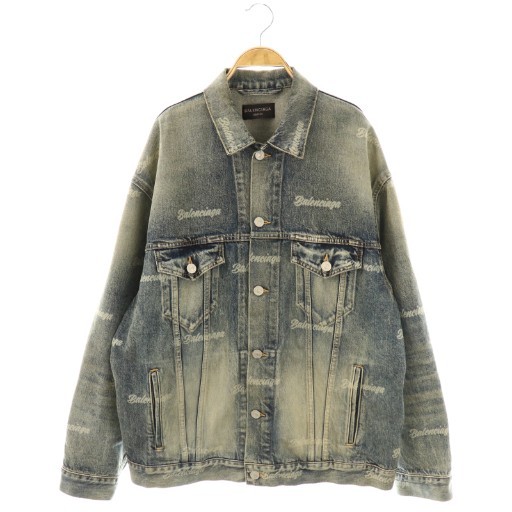 【中古】バレンシアガ BALENCIAGA ロゴプリント デニムジャケット Gジャン ジージャン ブルゾン コットン S 紺 /NR ■OS ■SH メンズ レディース 【ベクトル 古着】 260309